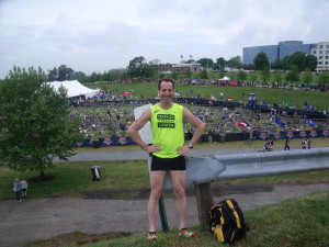 Standing above the USAT DUathlon National Championship transition area, Doug Landau is happy to have finished the race without injury or crashing after hitting a bridge joint that caused a flat tire and the Triathlon Trial Lawyer to RUN the last 3 miles of the bike course !