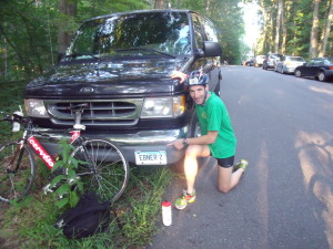 Doug Landau discovers a Camp Awosting van (the Ebners ran the camp when my brother and sister were campers !) after the Sandy Beach Triathlon on Bantam Lake