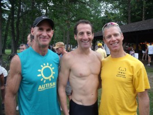 Triathletes Greg "Killer Miller, Doug "Triathlon Trial Lawyer" Landau and "Kona Kevin" Kunkel at the Luray Sprint Triathlon prior to the awards ceremony