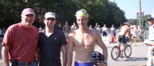 Bike safety lawyer Doug Landau and his cousins at the bike dismount area of the Olympic Distance.  (Landau had just finished swimming part of the course)