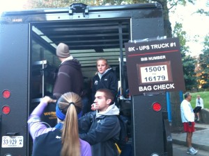 UPS bag drop at the Richmond Marathon Races - runners could drop off their bags and dry clothes after warming up and then pick them up after crossing the finish line