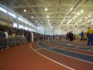 Little racers line up for the start of the 400 meter dash at the PGS&LC in Landaover, Maryland