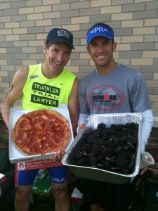 Plenty of post-race treats for Herndon Sport & Health "World Gators" Aaron Church (3rd overall) & Doug Landau (1st place over 50) at the Virginia Triathlon Series Warrenton Sprint race