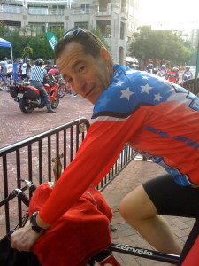 Washington area bicycle accident lawyer Doug Landau of the Herndon law firm ABRAMS LANDAU, watches the Reston Grand Prix Races from the safety of his stationary bike at the Reston Town Center