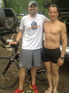 Top finishers Jose Ramos & Doug Landau after the Chestnut Forks Sprint Triathlon in Warrenton Virginia this morning.  This Fauquier County multisport event was decided be 6 seconds