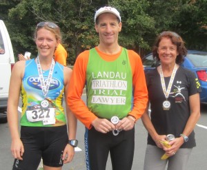 Bishops events prize winners from the DUathlon in Pohick Park Virginia to support the Leukemia & Lymphoma Society include (R-L): womens masters and overall winner Brenda Allen, of Charlottesville, Virginia, who also has the most points, male or female, in the Bishops Events Multisports Series; 3rd place male and first place male in the Multisport Series Doug Landau of the Herndon law firm ABRAMS LANDAU; and, Eve Baker, of Triangle Virginia female runner up, of Baker Editing Services