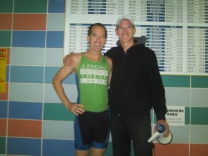 Taylor Love Triathlon Race Director and TriPerformance Coach Brian Crow and runner-up Doug Landau before the start of this morning's race at the Herndon Virginia Community Center. In real life, Coach Crow is much taller than lawyer Landau !