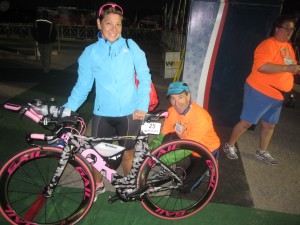 Race Volunteer Doug Landau marking the leg of age group DUathlete Gail Waldman at the USAT DUathlon National Championships in Oro Valley, Arizona