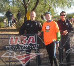 "Bouncer" Doug Landau with his "back up" at the transition area of the USAT DUathlon National Championships 