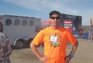 Cooling off at the finish line of the 2013 DUathlon National Championships in Oro Valley, Arizona, after several hours as a race volunteer Doug Landau was able to see the results posted and cheer fellow multi sport athletes from around the country