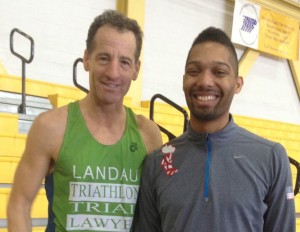 Future doctor and super sprinter Mallory Abney & Doug Landau awaiting their races at the 2014 Sportsplex Masters & Open Indoor Invitational Track Meet at PGS&LC