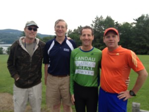 Doug Landau with classmates & friends after crossing the finish line first, barefoot !  The Hotchkiss Reunion Run course is primarily on the school's golf course, so running without shoes was actually an advantage on the supersoaked grass.