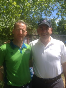 At Saturday's Reston Sprint Triathlon packet pick up volunteers Tom Fleeter, of TOWN CENTER ORTHOPEDICS & Doug Landau of ABRAMS LANDAU, Ltd., had a chance to catch up before Sunday's race