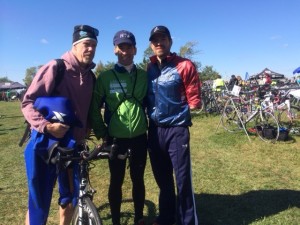 Coach Rob Colburn, Lawyer Landau & Military Triathlete Jose Ramos compare notes after the Watermans Rock Hall, Maryland Sprint Triathlon