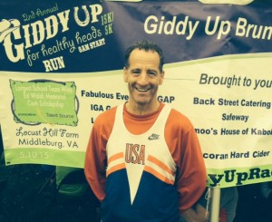 After running the cross country 5km course TWICE, with a stationary bike ride in between, brain injury prevention lawyer Doug Landau was all smiles after the GiddyUpAndGo events in Middleburg Virginia