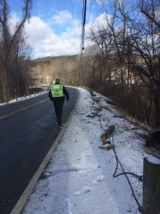 Good police work includes close inspection of a crash site, debris field and damage to road safety devices like these wooden pole and cable curve barriers that Doug Landau's car went through when it crashed this morning