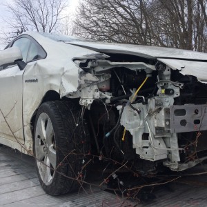 Doug Landau survived this morning's car crash when this Prius slid on ice and went off the road.