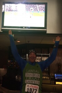 At a bar before 9 AM on Super Bowl Sunday ! Doug Landau enjoys a British Premier League game during the PreGame 5km awards ceremony at the National Conference Center in Leesburg, Virginia