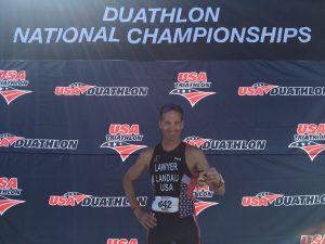 After finishing the USAT DUathlon National Championships, Doug Landau shows the medal he earned in Bend, Oregon Saturday