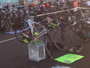 Lawyer Landau's transition area set up for lighting fast changes for this "Run-Bike-Run" format race