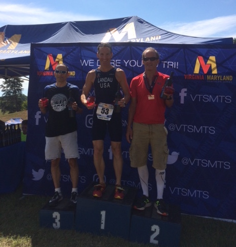 With wine from Mountain Lake vineyards, Doug Landau made the podium despite injury at the Culpeper Virginia Sprint Triathlon