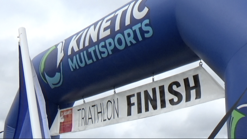 Image of the finish line at Pleasants Landing Triathlon, organized by Kinetic Multisports.