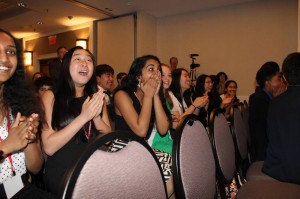 RCMS students at the final banquet for We the People as they realize they have taken the top prize!