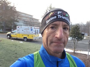 Running a hilly race in the cold is easier than trying a "slip & fall case" in Virginia, notes Doug Landau, shown here after winning his age group & finishing in the top 10 of the Super Bowl Pre-Game race in Leesburg