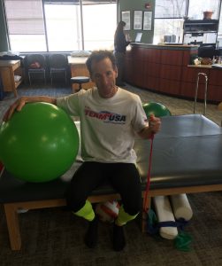 Doug Landau, who studied with Physical Therapists & Occupational Therapists at Boston University, is shown here after a hard PT workout at Town Center Orthopedics in Reston, Virginia. As he used to say when working with patients, "If it isn't PHYSICAL, it's not therapy !" PT has helped lawyer Landau overcome sports injuries & return to national competition