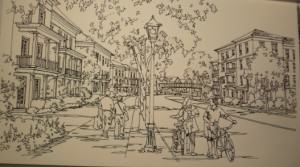 Center Street, looking up at W&OD Trail bridge, Herndon Fortnightly Library (drawing by Urban Design Associates)