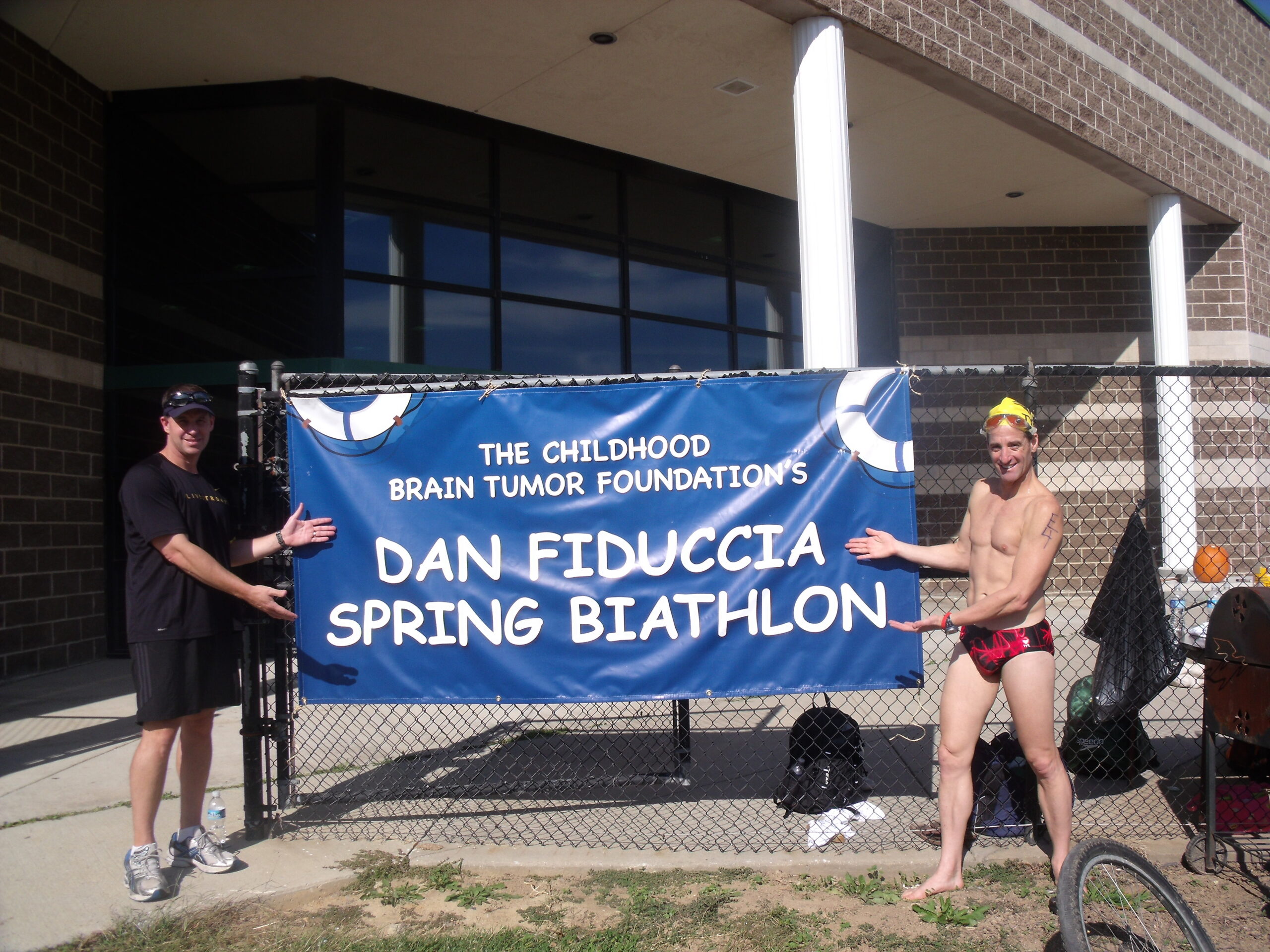 Race Director Gib Smith & TriathlonTrialLawyer Doug Landau before the start of the Childhood Brain Tumor Biathlon at Fairfax County's South Run Recreation Center