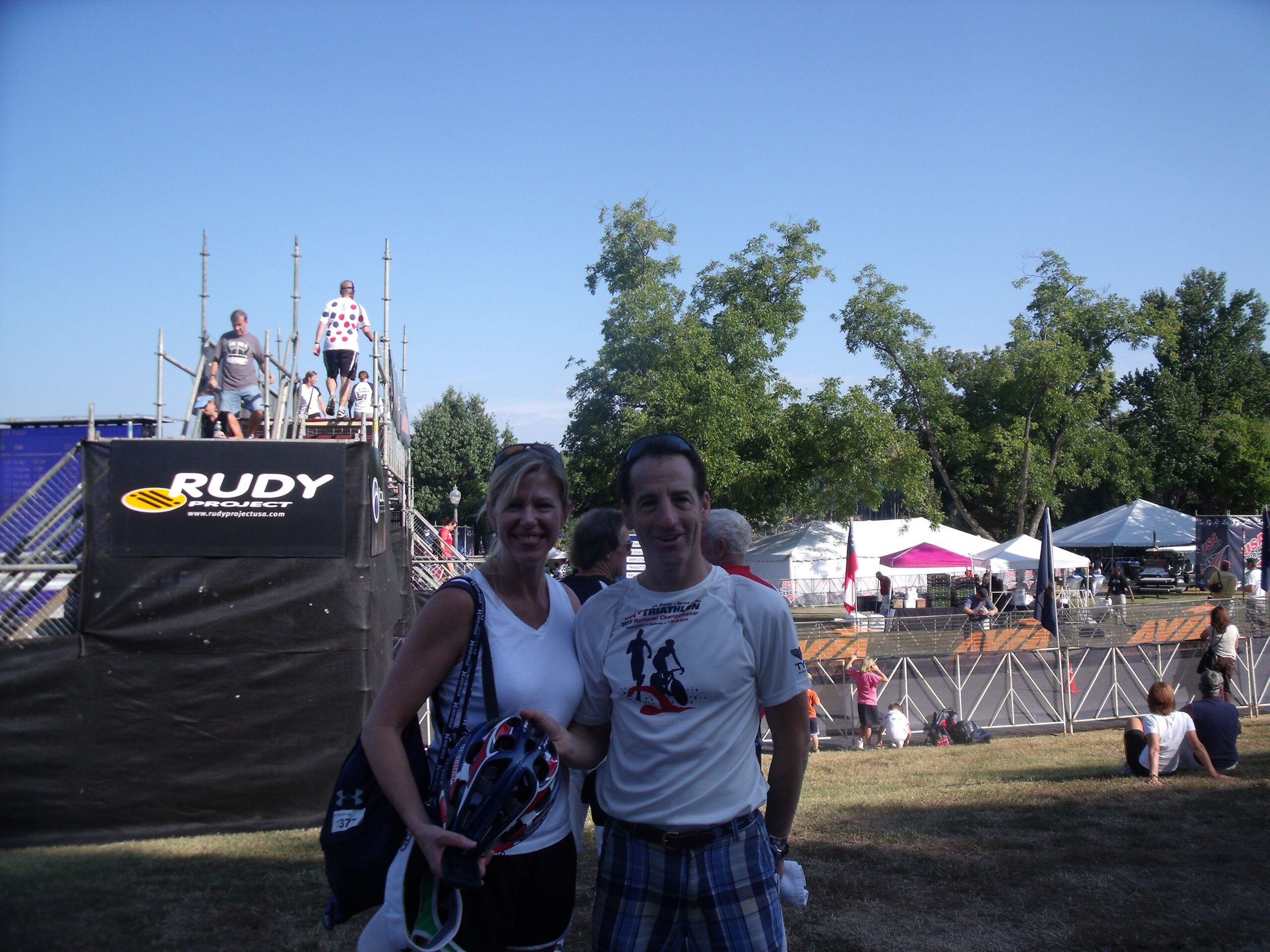 Doug Landau gets his spare bike helmet back at the US National Triathlon Championships in Tuscaloosa Alabama