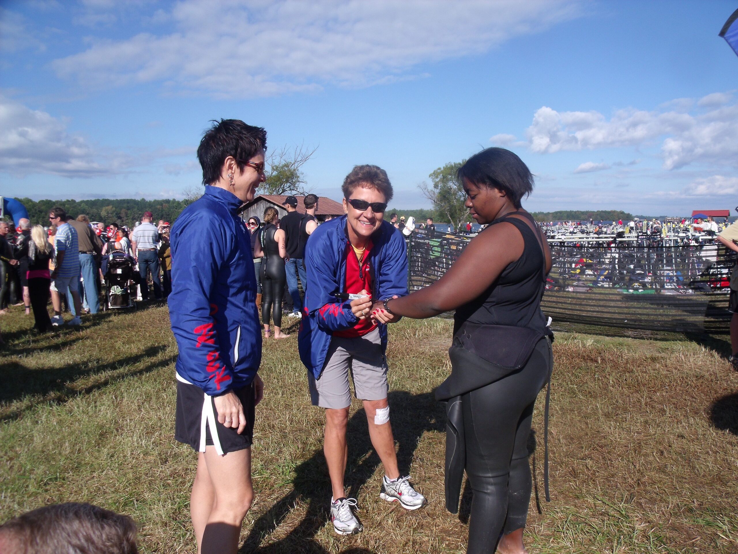 Rehab 2 Racing Coaches and Award-Winning Triathletes Stephanie Colburn and Mary Delaney volunteered to do "body marking" at the Giant Acorn Triathlon in Spotsylvania, Virginia