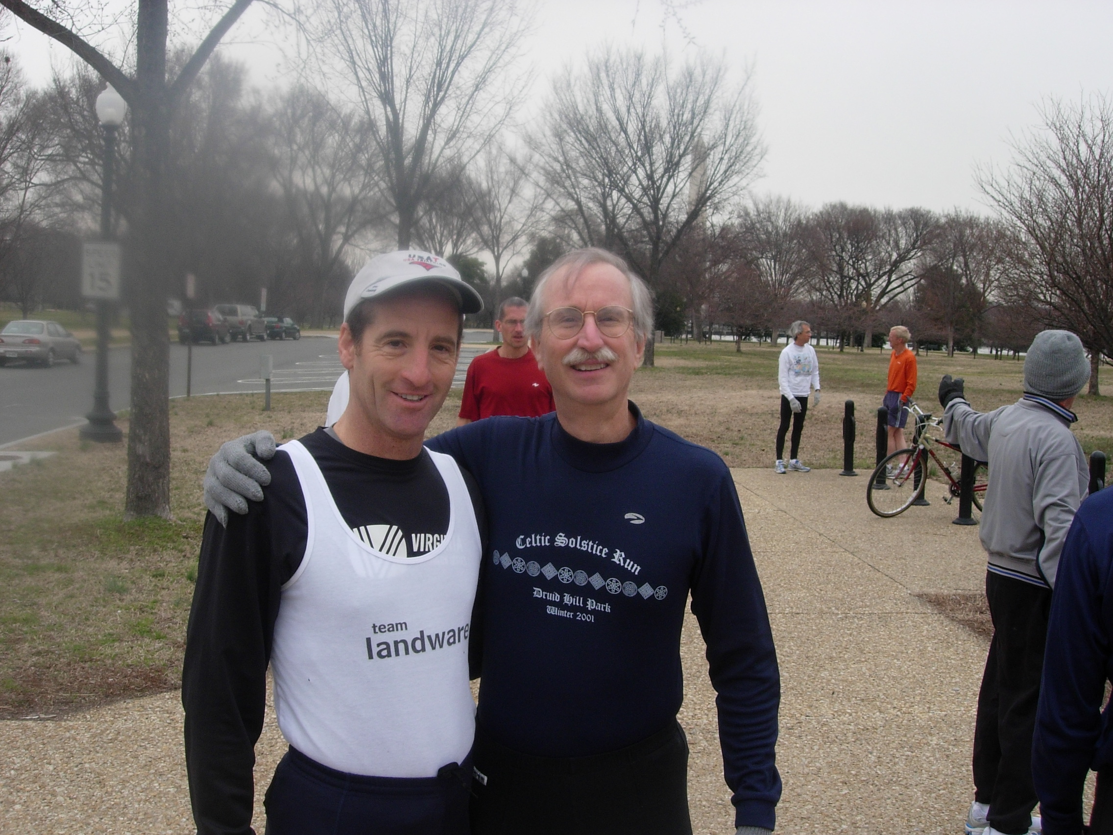 Triathlon Trial Lawyer Doug Landau & frequent area racer Peter Plank shown at the starting area for the DCRRC Tidal Basin 3km.