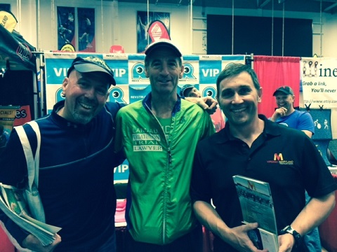 L- R: quite the triathlon triumvirate ! editor-in-chief of Spokes magazine, Neil Sandler, East Coast sports injury lawyer Doug Landau, and Virginia & Maryland Triathlon Super Series director Greg Hawkins. Lawyer Landau has signed on to be a sponsor of the combined DC area triathlon race series again in 2015!