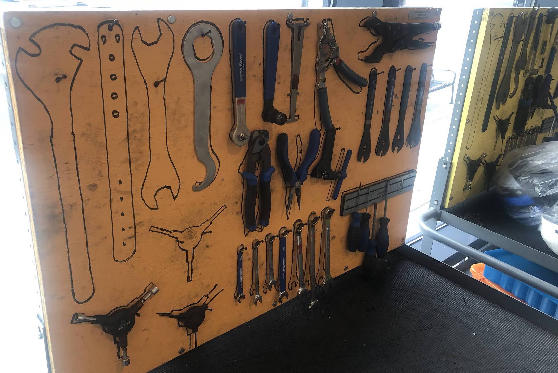 Tool wall showing variety of tools, with stenciled outlines indicating where each tool belongs