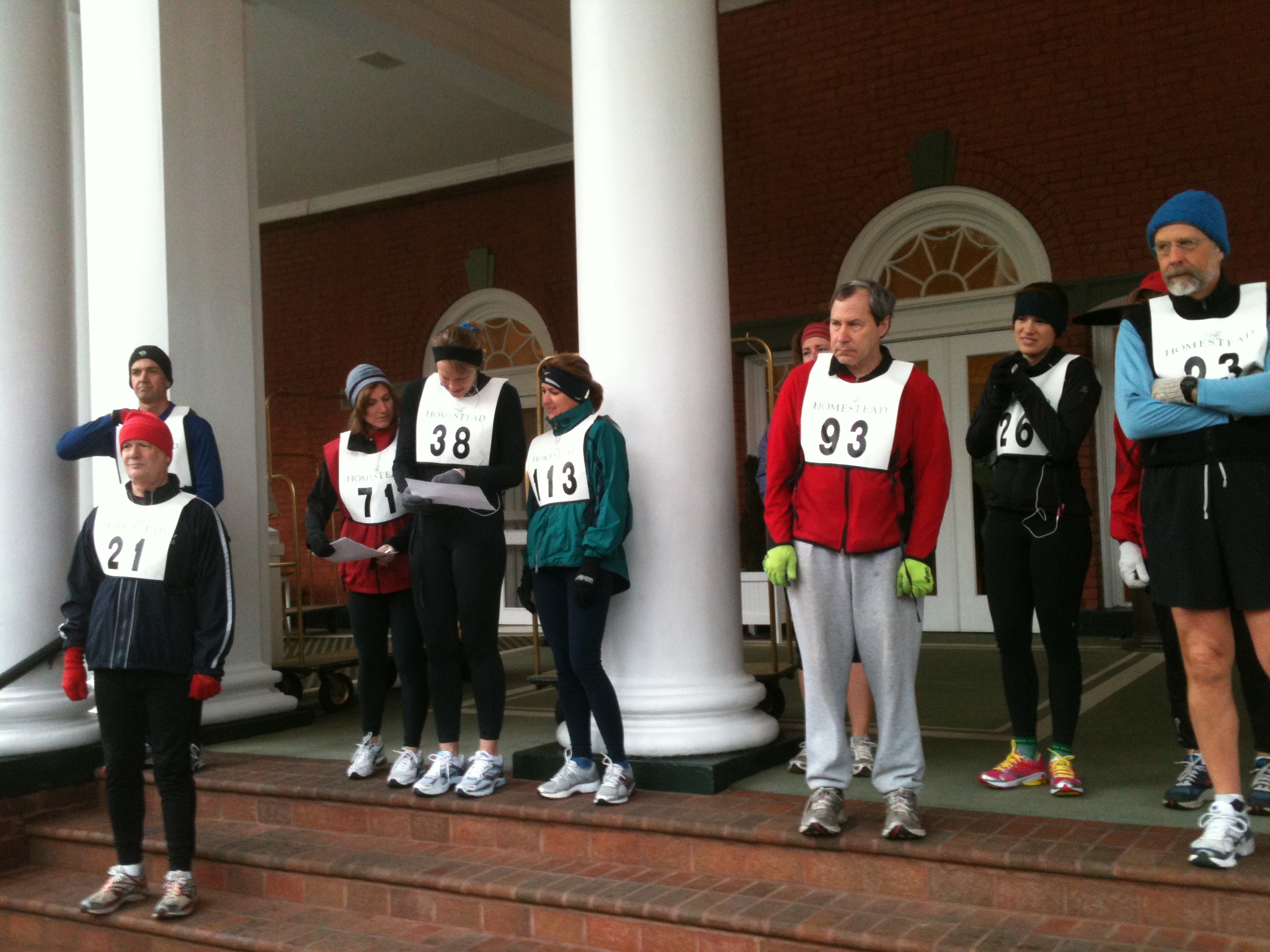 Shivering runners readying themselves for the Annual Virginia Trial Lawyers "Fun Run" at The Homestead in Hot Springs, Virginia